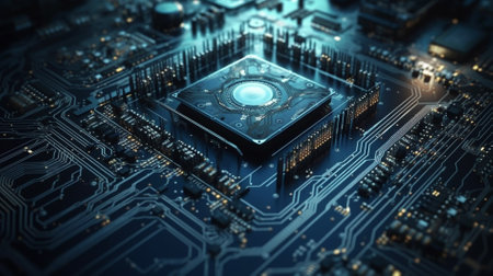 Close-up view of electronic circuit board. Technology concept. 3d renderingの素材