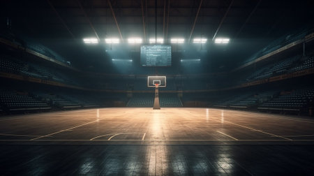 3D render of an empty basketball court with lights and spotlightsの素材