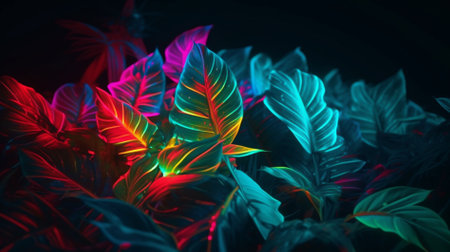 Tropical leaves in neon light on a dark background. 3d renderingの素材