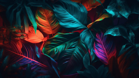 Tropical leaves background. Colorful monstera leaves in neon lightの素材