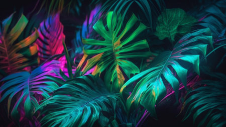 Tropical palm leaves in neon light. Colorful background.の素材