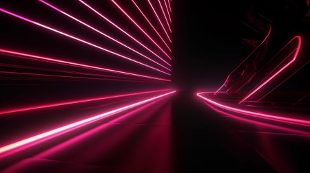 3d render, abstract background with neon lights, tunnel with light raysの素材