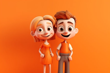 Couple of happy cartoon characters on orange background. 3d illustrationの素材