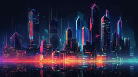 Futuristic city background with neon lights. 3d rendering.の素材