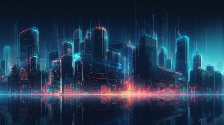 Futuristic cityscape with neon lights. 3D Renderingの素材