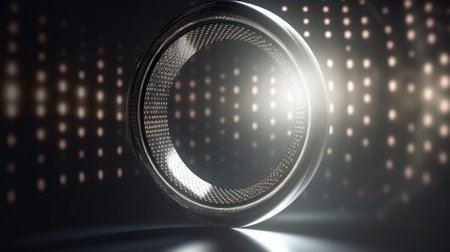 3d rendering of a metal speaker on a dark background with a glowの素材