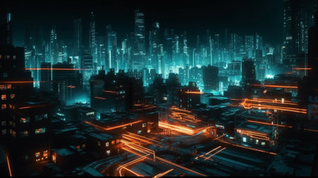 3D rendering of a futuristic city at night with neon lights.の素材