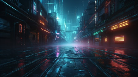 3d rendering of a futuristic city at night with neon lights.の素材