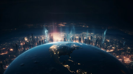 Satellite view of the planet Earth at night. 3D renderingの素材