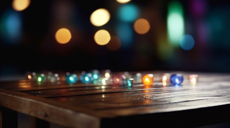 Colorful christmas lights on a wooden table in a night clubの素材