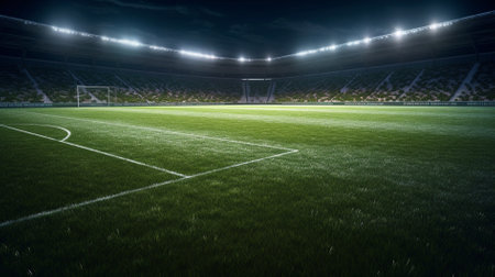 Soccer field with green grass and lights at night 3D renderingの素材