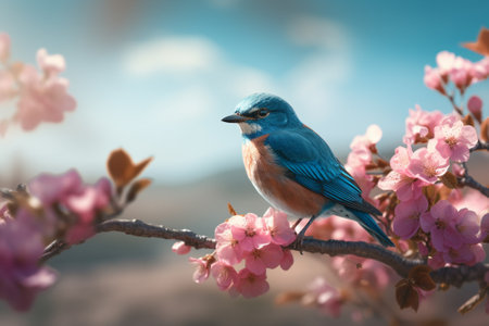 Beautiful blue bird sitting on a branch of blooming sakuraの素材
