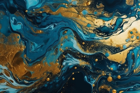 Marbled blue abstract background with golden sequins. Liquid marble ink patternの素材
