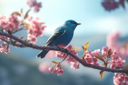 Blue bird on sakura branch with pink flowers in spring time.の素材