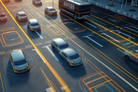 3d rendering of cars on the road with city map in the backgroundの素材
