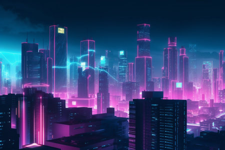 Futuristic city at night with neon lights. 3D renderingの素材