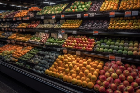 Fruits and vegetables in the supermarket. Concept of healthy eating.の素材