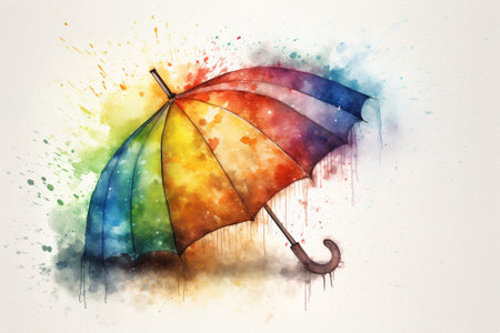 Colorful umbrella on watercolor splashes background. Watercolor illustrationの素材