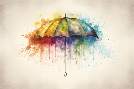 Colorful umbrella on watercolor splashes background. Watercolor paintingの素材