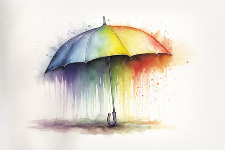 Colorful umbrella with watercolor splashes on white background. Watercolor illustrationの素材