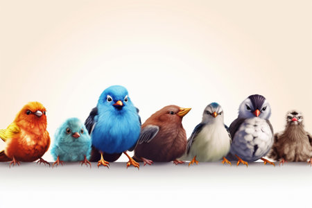 Group of birds isolated on white background. 3d illustration. Vintage style.の素材