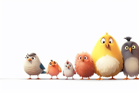 Group of cute little birds isolated on white background. 3d illustrationの素材