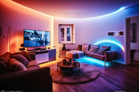 Interior of a modern living room with a blue and orange neon lightの素材