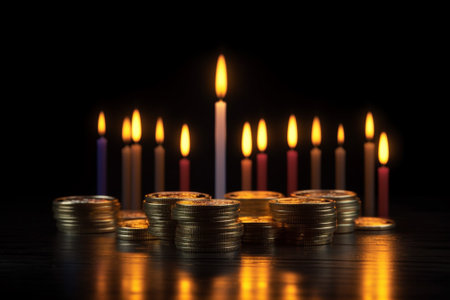 Coins stacks with lit candles on black background. Business and finance concept.の素材