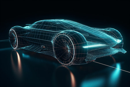 3d rendering of a sports car wireframe on a dark backgroundの素材