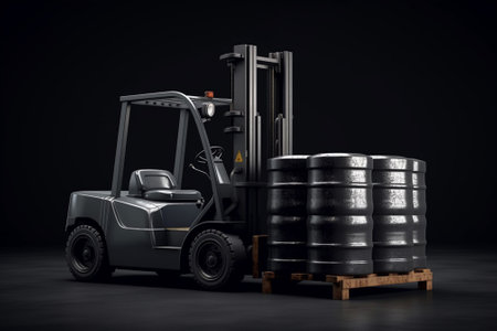 Forklift with barrels on a black background. 3d renderingの素材