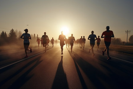 Marathon running race, people feet on road with sunrise in backgroundの素材