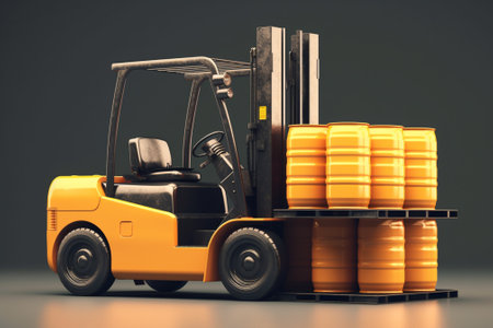 Forklift truck with barrels on dark background. 3d renderingの素材