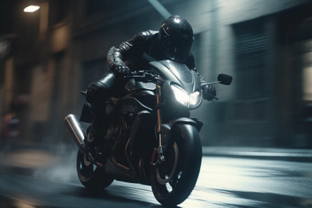 Biker in black helmet and leather jacket riding on a motorcycle in the city.の素材