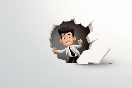 Vector illustration of a businessman breaking through a hole in white paper.の素材