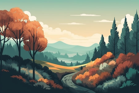 Autumn landscape with trees, road and mountains. Vector illustration.の素材