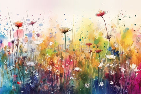 Colorful watercolor painting of wildflowers on colorful background.の素材
