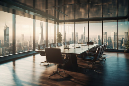 Modern conference room interior with city view and daylight. 3D Renderingの素材
