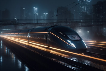 High speed train in the city at night. Concept of fast travelの素材