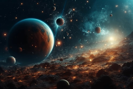 Planets and galaxy, science fiction wallpaper. Beauty of deep space. Billions of galaxies in the universe Cosmic art backgroundの素材