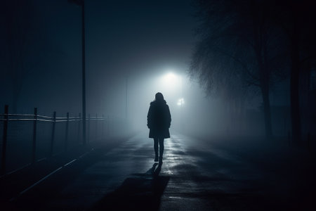 Silhouette of young woman walking alone in foggy street at nightの素材