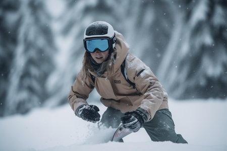 Young woman snowboarder having fun in the snow in winter.の素材