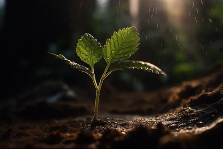 Green seedling growing from the ground in the rain. New life conceptの素材