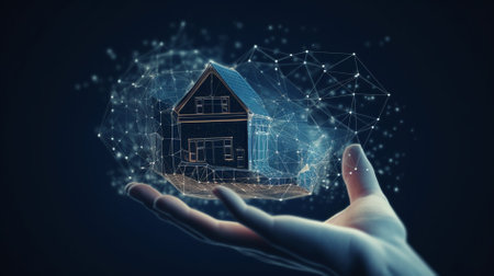 View of a Businessman holding a 3d rendering house with network connectionの素材