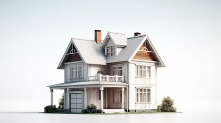 3D rendering of a classic house on a white background with a gardenの素材