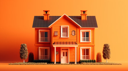 3d render of a house on a orange background with trees.の素材