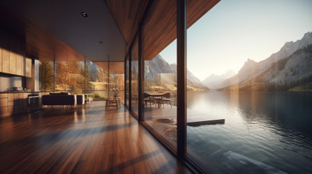 Interior of a modern house with a lake and mountains in the backgroundの素材