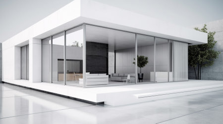 Exterior of modern house with white walls and concrete floor. 3d renderingの素材