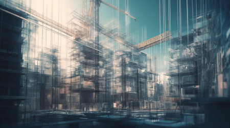 Construction of a multi-storey building. 3d rendering double exposureの素材