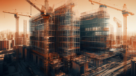 Construction site with cranes and buildings. 3d rendering double exposureの素材