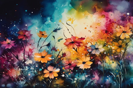 Colorful flowers on watercolor painting background. Digital art painting.の素材